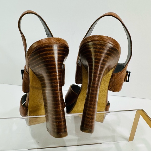 TAHARI SICILY STRAPPY CLASSY WOOD STACKED 4 1/2โ HIGH HEEL BROWN LEATHER SIZE 10 - Picture 6 of 10